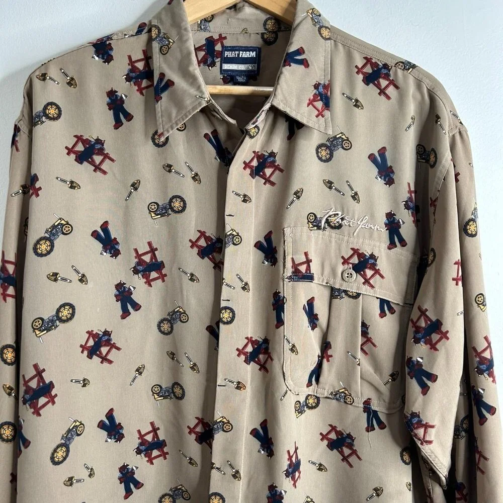 Vintage Phat Farm Shirt Mens XL Tan All Over Print Workwear Tools Streetwear 90s - Picture 2 of 11